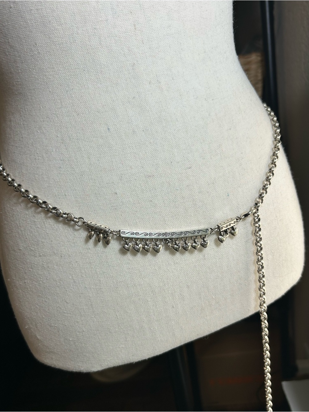 Brighton Dangling Hearts Chain Belt 40"L Round Link Silver Plated Vintage - Picture 2 of 12